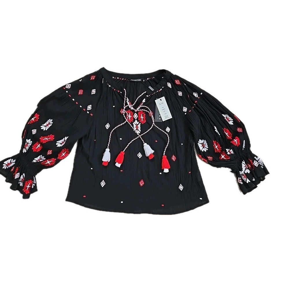 KAS NY  Womens‎ Elegant Embroidered Peasant Blouse Boho Balloon Sleeve L Tassels